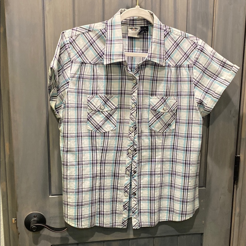 Harley-Davidson Blue and Green Casual Button Down Shirt